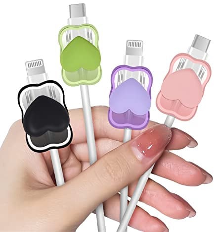 Cute Cable Protector for iPhone Type-c Charger for Women Girls, Lovely Pink Black Green Purple Hearts Pattern 4 PCS Set Phone Cable Protector,Charging Cord Saver,Cable Chomper,Cable Wire Protector