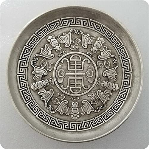 Home Decor Accessories,Office Decorations,10.3cm Chinese Old Qianlong Tibet Silver Handcarved Bat Pattern Plate Decorate, Candle Holder Tray for Coffee Table, Entryway, Decorative House Gifts
