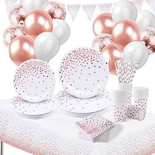 Party Tableware Rose Gold Paper Birthday Tableware Set, Paper Plates Napkins Cups Straws Tablecloth Balloons for Wedding Engagement, Baby Shower, Women Girls Birthday Party Supplies Decorations