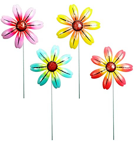4 Stücke Metall Blume/Libelle/Schmetterling/Biene/Hahn/Vogel Gartenstecker Gartendeko Bunte Metall Blumenstecker Dekorative Gartenpfähle Metall Blumen Garten Dekoration für Outdoor Rasen Hof Set 2