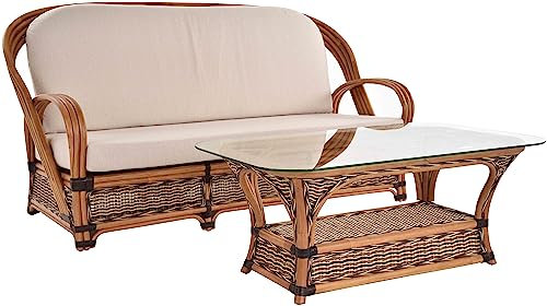 Krines Home Dreisitzer Rattansofa Sambi + Rattantisch Wohnzimmer Sofa Couch Rattanmöbel