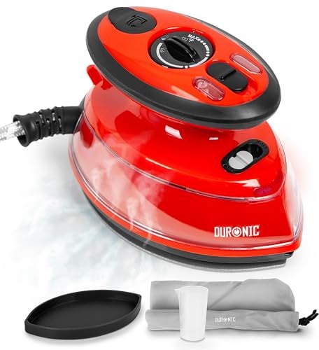 Duronic SI3 RD Mini Ferro da Stiro, Ferro da viaggio a vapore 400W, Serbatoio 35ml, Steamer portatile con base d’appoggio e borsello da viaggio, Per lavori di cucito, quilting, Rosso