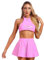 TiaoBug Damen Wetlook Dessous Set Sexy Neckholder Crop Top und Hohe Taille Skater Teller Glocken Rock Lack Leder Optik Gogo Raver Outfit Clubwear Hot Pink Crop Top L