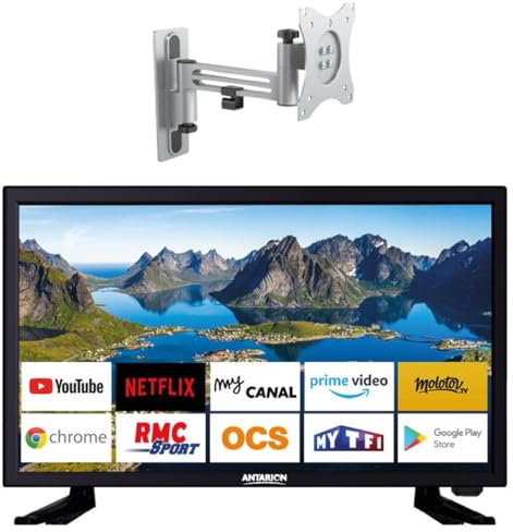 Antarion Pack TV LED 21.5 54cm Full HD Android 11.0 Smart TV Camping Car + Support TV 180° Charge Max 15kg