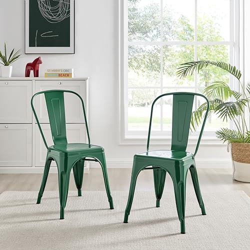Furniturebox UK Colton 2x Dark Green Metal Dining Chairs for Kitchen Or Dining Room Tolix Inspired Steel Powder Coated Stackable Lightweight Retro Bistro Industrial Dining Furniture Set of 2 Chairs