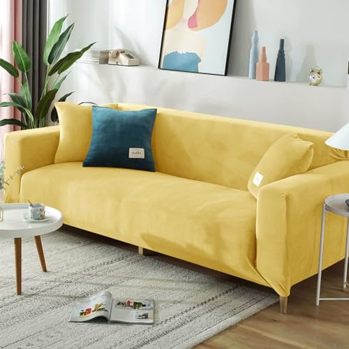 FANSU Sofabezug Stretch 1/2/3/4 Sitzer, Türkis Plüsch Elastische Antirutsch Couchbezug Waschbar Universal Weich Sofaüberwurf für Sofaüberwurf Möbelschutz (4-Seater,Gold)
