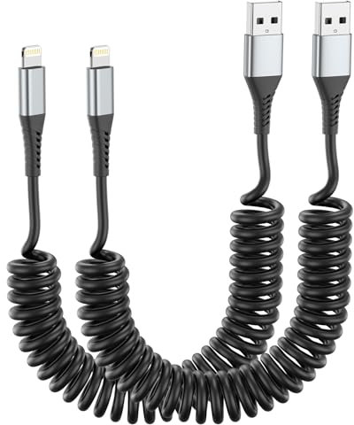 Coiled Lightning Cable for Car, 2 Pack Coiled iPhone Charger Cord, Short iPhone Car Charger Cord, MFi Certified 3FT USB A to Lightning Cable Fast Charging for iPhone14 13 12 11 Pro Max XS Max 8 iPad