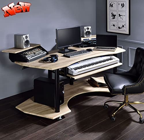 Upgraded Version Home Office Music Recording Studio Desk Workstation with Keyboard Tray, Thicken Wooden Recording Studio Table Computer Desks with Bottom Shelf, Wheels and 2 Stands (Natural Oak)