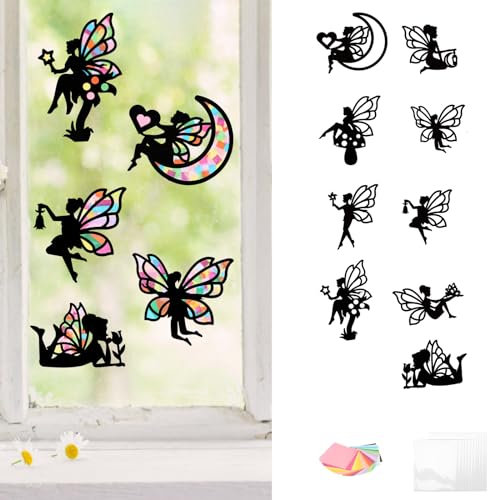 WEDNOK 9Pcs Fairy Crafts Kit for Kids Fairies Stained Glass Paper Craft Decoration Kits Creative Window Art Craft Set for Kids Girls to DIY Make and Decorate