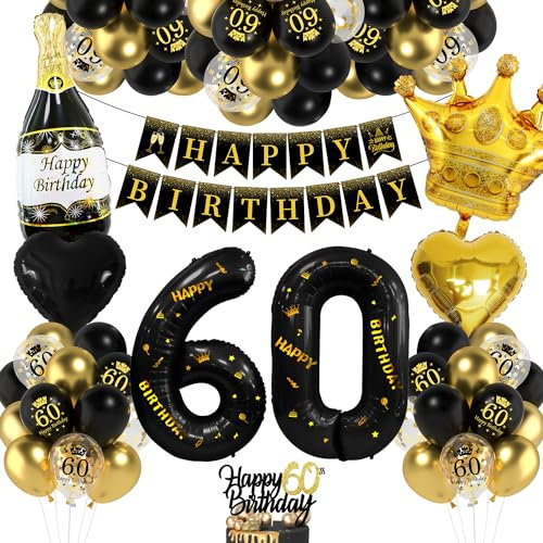 Deko 60 Geburtstag Mann Frau, Luftballon 60 Geburtstag Schwarz Gold, 60 Happy Birthday Banner, Folienballon Zahl 60 Cake Topper Schwarz Gold für 60. Party Geburtstagsdeko