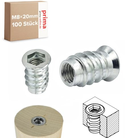 Einschraubmutter M8 x 20 mm – Einschraubmuffen/Eindrehmuffen aus verzinktem Stahl – Innengewinde für Holzbau & Möbelbau (100 Stück)
