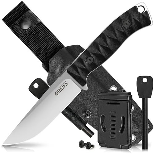 GREIFS® Outdoor-Messer aus D2 Stahl mit Kydex Holster und Feuerstahl, edles Survival Messer für die Bushcraft Ausrüstung, Jagdmesser, Schnitzmesser, Fahrtenmesser (Ranger/Silber-Schwarz)
