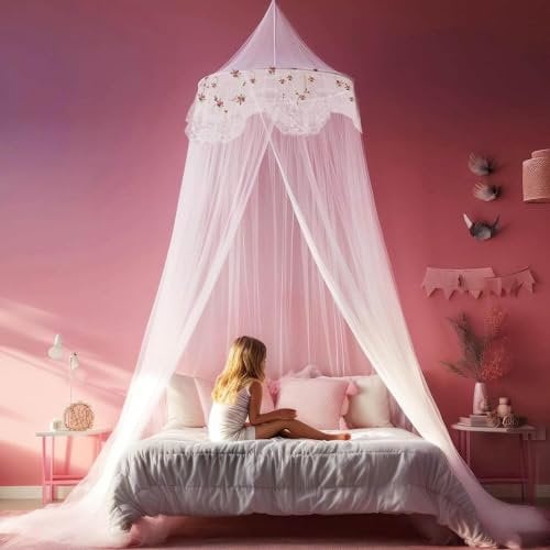 Wnqou White Mosquito Net for Single Bed Hanging Canopy for Girls with Round Lace for Punch-free Installation, Ideal for Bedroom Decorative