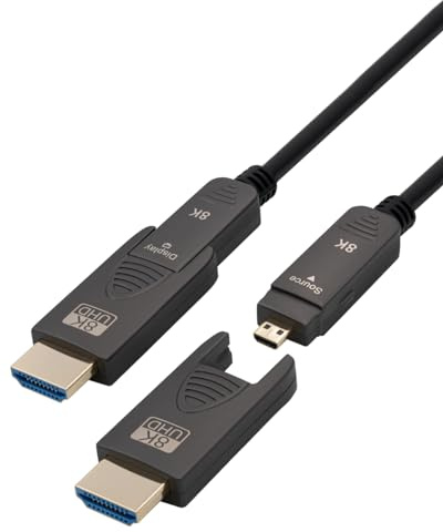 MAXTRACK Aktives HDMI Glasfaser Kabel – C504-15ML, HDMI 2.1, 8K@60Hz, 4K@120Hz, eARC, 3D, Ultraflexibel bei Ø 4,8mm, vergoldete Metallstecker, HDMI D auf HDMI D inklusive 2 Adapter HDMI D auf HDMI A
