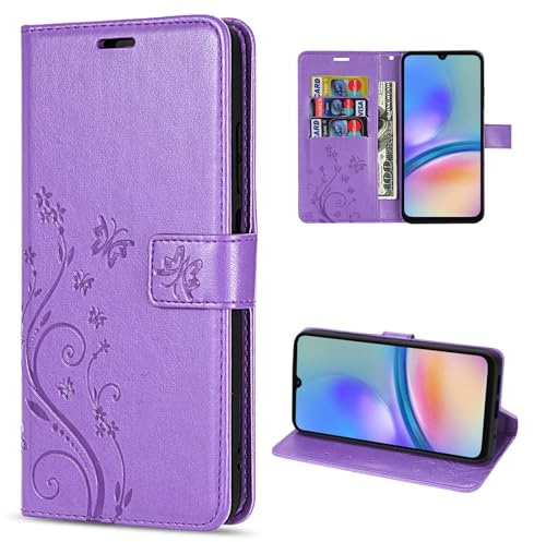 Hülle Kompatibel mit Samsung Galaxy A05s | Premium PU Leder Handyhülle Wallet Case für Galaxy A05s | Schutzhülle Blumen Klapphülle Handyhülle | Lila