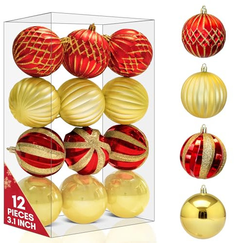 Pelle & Sol 12 Pcs Christmas Baubles Set 8cm/3.1inches - Christmas Decorations, Shatterproof Baubles for Tree Decorations, Lightweight Xmas Balls w/Easy to Hang String (Red & Gold)