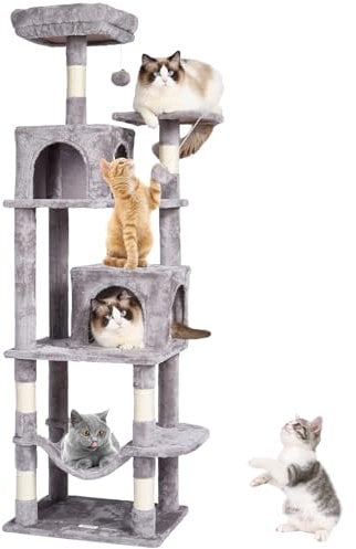 VEVOR Arbre à Chat, 160 cm, Tour d'escalade à Chats avec griffoir en sisal, 2 niches, hamac, perchoir supérieur, Plates-Formes de Saut, balles suspendues, pour activités d'intérieur Chats, Gris Clair