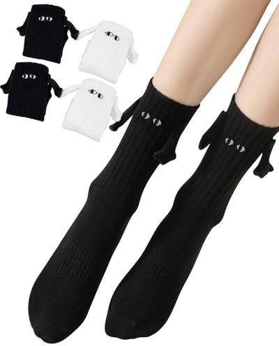 Shinfirst Magnetische Socken zum Halten der Hände, 2 Paar, lustige Socken, Geschenke für Freund, Paar, beste Freunde(Embroidery black and white)