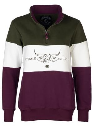 Rydale Ladies Country Sweatshirt Embroidered Women's Sweater Striped Women (UK, Numeric, 18, Regular, Regular, Cow Olive/White/Berry)