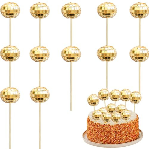 Discokugel Kuchen Toppers, 12 Stück Spiegel Ball, 1970s Mini Tortendeko, 3 cm Spiegelkugel, Disco Ball Cake Toppers für Geburtstags, Disko Themenparty (Gold)