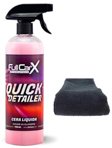 AutoFullCar - Kit Encerado Coche FullCarX - CERA LÍQUIDA Quick Detail 750ml. + Bayeta Microfibra Premium 40x40 - Alto Brillo, Efecto Instantáneo, Coating Protector, Realza Color Pintura Carrocería