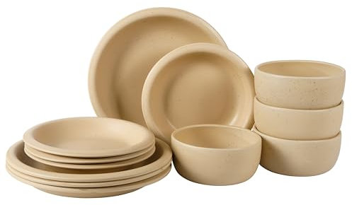 Bloomhouse Oprah's Favorite Things – Korsika Clay Geschirr-Set aus Steingut, rustikale reaktive Glasur, stapelbare Teller und Schüsseln, 12-teilig, mattes Finish, Cappuccino-Creme