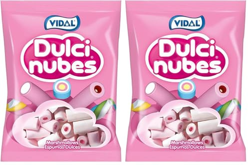 Vidal Golosinas Dulcinubes Rellenas. Nubes sabor vainilla color blanco y rosa rellenas de gelatina sabor fresa. Bolsa de 125 unidades. (Paquete de 2)