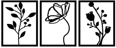 AREDE Metall Wanddekoration Triptychon mit Blumen Abstrakte Metallwandkunst für Schlafzimmer, Badezimmer, Wohnzimmer, Zuhause | 112 x 48 cm | Dekoration aus Aluminium verbund | Schwarz