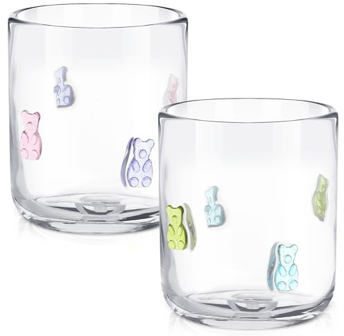 SiliFine 2 PCS Bear Icon Juice Glasses, 14oz Candy Bear Icon Stemless Wine Drinking Juice Glass Cup for Birthday Party Supplies Gift