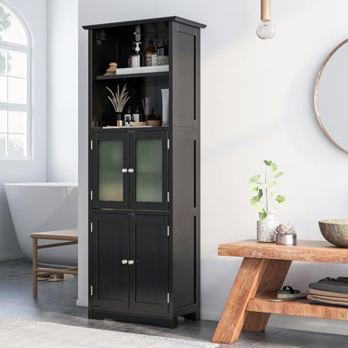 COSTWAY Meuble de Salle de Bain à 4 Portes 2 Compartiments Ouverts, Colonne Salle de Bain Armoire Haute avec Étagères Réglables pour Salon, Cuisine, 30 x 60 x 163 cm (Noir)