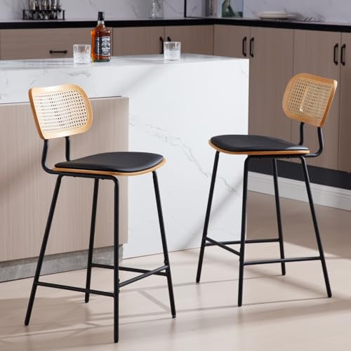 Ya-Home Chaise de Bar en Rotin Lot de 2 Tabourets de Bar Bois Métal, Coussin en Cuir PU, Chaise Haute Bar Pied Métal pour Comptoir, Noir