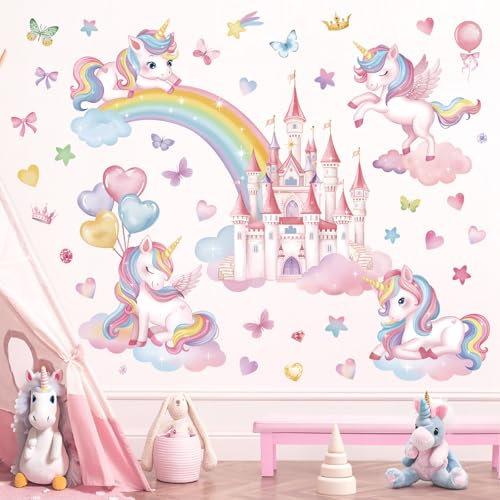 wondever Wandtattoo Regenbogen Einhorn Wandaufkleber Schloss Ballon Wolke Wandsticker Wanddeko für Kinderzimmer Mädchen Babyzimmer