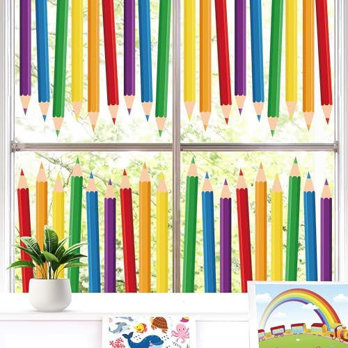 12 Bögen bunte Bleistift-Fensteraufkleber, doppelseitig, Fensteraufkleber, für den Schulanfang, Klassenzimmer, Zuhause, Wand, Glas, Tafel-Dekorationen