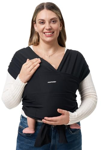 Momcozy Baby Tragetuch Neugeborene – Einfach anzulegender Ring Sling Tragetuch, Atmungsaktives Tragetuch für Hände frei – Verstellbare Babytrage von 3,6 kg bis 15 kg (Schwarz)