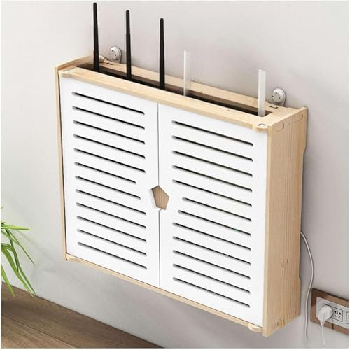 WiFi Router Storage Box - Wooden Wall-Mounted Shelf with Cabinet Door & Cable Management Hider for TV Set-top, Medium Size
