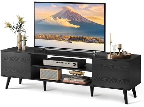 WLIVE TV Unit, TV Stand Cabinet for TV Up to 70 Inch, 160cm TV Cabinet Table with Storage, Wooden TV Console for Living Room, Farmhouse Industrial TV Console for Bedroom, Embossed Black