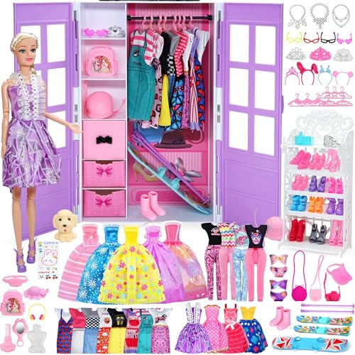 Poupée Placard vêtements et Accessoires - 135pcs avec poupées Stockage Organisateur Ensembles de Garde-Robe, Princesse Mode Pack Jeu y Compris Robes de mariée / Robes / Chaussures / Tenue