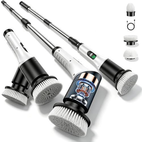 Oskuglin Spazzola Elettrica Pulizia, 9 Accessori, Telescopica, Nera | Spazzola rotante senza fili, 2 velocità, ricarica USB, display LED e IPX6, per bagno, doccia, fughe, piastrelle e pavimenti