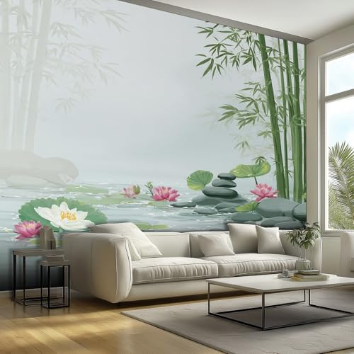 Fototapete Vlies Tapete Lotus Bambus Blatter Zen Stein Fototapeten Vliestapete Tapeten Moderne Wandtapete, Wohnzimmer, Flur, TV Hintergrund Wandtapete Poster Bilder Wand Deko, 150 x 105cm (B×H) UJN25