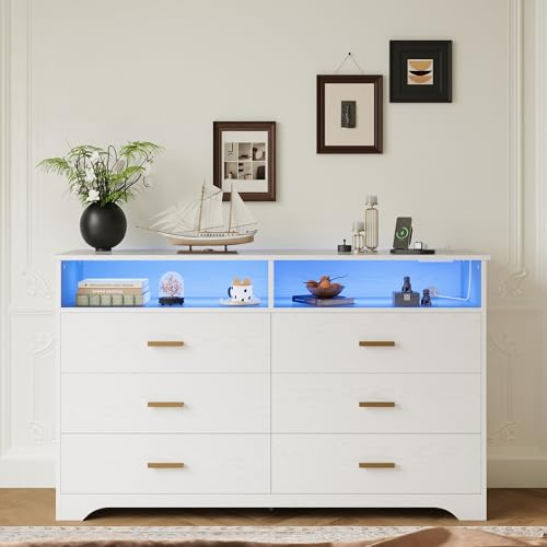 IRONCK Kommode Weiß, Komodenschrank mit LED-Lichtleiste und 2 Steckdosen, Schubladenschrank mit 6 Schubladen und 2 Fächer für Wohnzimmer, Schlafzimmer, Holz, 40 x 150 x 94.7 cm