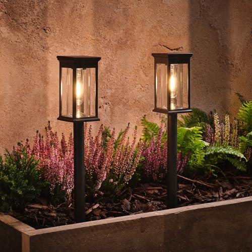 Lights4fun 2er-Set Cragside Solar-Garten-Laternen | Weglampen Steckleuchten mit warmweißen LEDs | Sommer Dekoration für Garten Balkon mit Erdspießen | Inklusive wiederaufladbarer Batterien | Schwarz