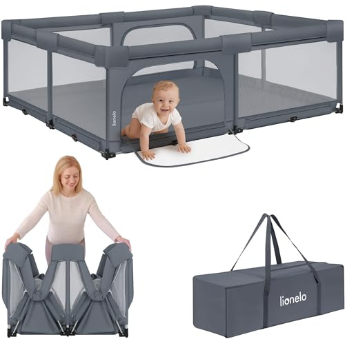Lionelo Florence XL Easy Fold Laufstall Baby 180 x 200 cm, Faltbares Laufgitter Baby, Ohne Montage Nutzbar, 2 Seiteneingänge mit Reißverschluss, Atmungsaktives Netz, Weiche Kanten, Transporttasche