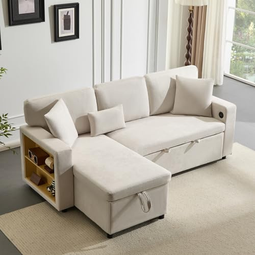 Ball & Cast Corner Sofa Bed, L-Shaped Sleeper Sectional Couch, 3-in-1 Fabric Convertible Pull Out Sofa Bed with Adjustable Backrest, USB and Adjustable Armrest Side Storage for Living Room,Beige
