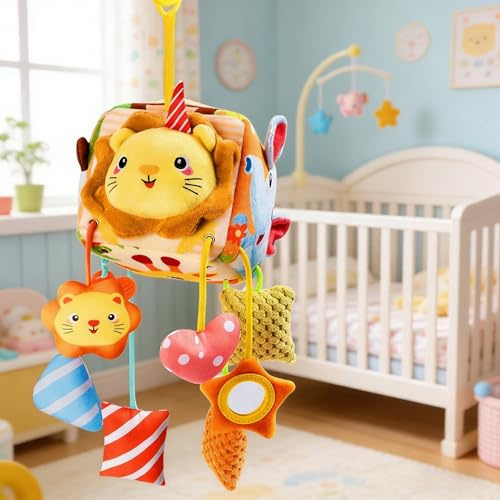 MEILIHEN Baby-Aktivitätswürfel mit Hängespielzeug, Löwen-Design, Einziehbare Hängespielzeuge，Weiche Rassel mit Spiegel, für Autositz und Kinderbett, Hängender Bettwiegen-Anhänger