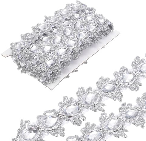 QUARKZMAN 5 Yards Geflochtene Borte 1.6 Inch Schmuckstein Perlen Spitzenborte Wellen Schmuckstein Geflochtenes Band Pailletten Band Für Basteln Verzierungen DIY Nähen Kostüm All Silber