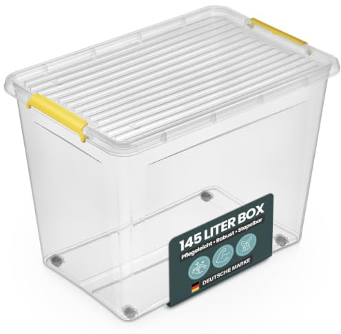 Kreher Aufbewahrungsbox transparent, stapelbar mit Deckel (1x 145 L) | Kunststoffbox mit Rollen und Clips, nestbare Ordnungsbox zur Aufbewahrung, 30 bis 145 Liter