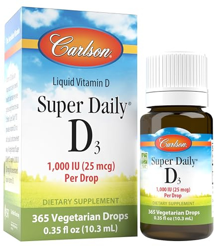 Carlson - Super Daily D3, Vitamin D Drops, 1,000 IU (25 mcg) per Drop, 1-Year Supply, Vitamin D3 Liquid, Heart & Immune Health, Vegetarian, Liquid Vitamin D3 Drops, Unflavored, 365 Drops