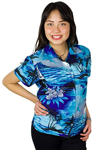 King Kameha Funky-Hawaii-Bluse-Hemd, Damen, Kurzarm, Surf, Dunkel-Türkis, XXL