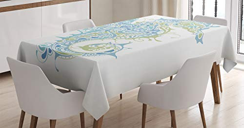 ABAKUHAUS Ozean Tischdecke, Griechisches spirituelles Seepferdchen, Für den Inn und Outdoor Bereich geeignet Waschbar Druck Klar Kein Verblassen, 140 x 200 cm, Hellblau Grün