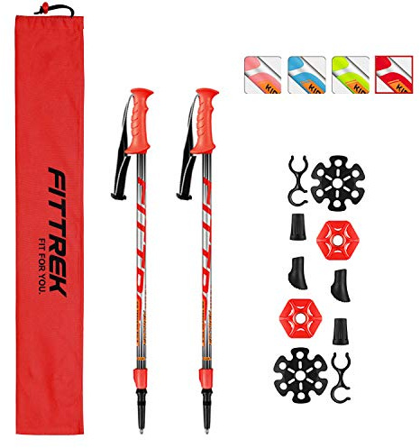 FitTrek Hiking Poles for Kids - Ultralight Nordic Walking Sticks - Telescopic Child Trekking Poles Collapsible 2 Pack red
